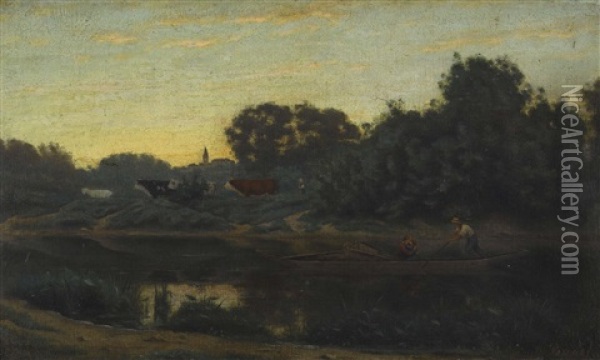 Flusslandschaft Am Abend Oil Painting - Jules Louis Badel