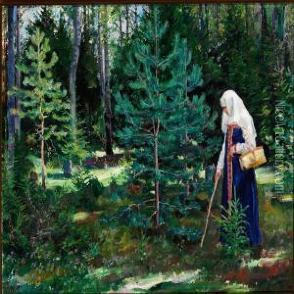 In The Forest For Mushrooms Oil Painting - Sergey Arsenievich Vinogradov