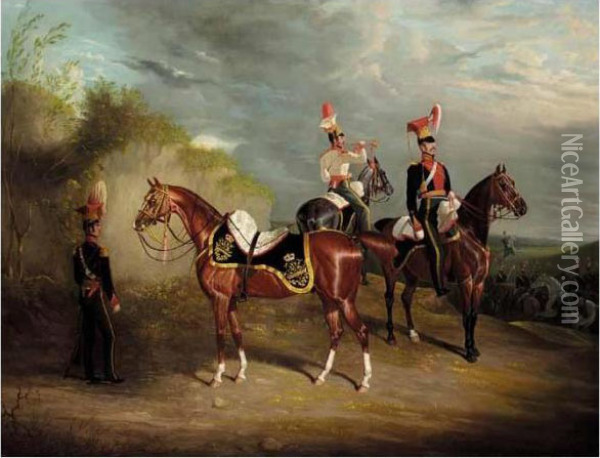 Portrait Of Captain Percy 
Burrell Williams Of The 9th Light Dragoons Lancers, With His Charger Oil Painting - David of York Dalby