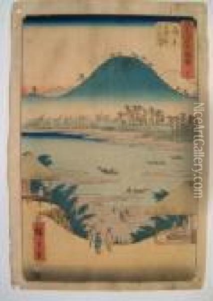 Upright Tokaido Series Oil Painting - Utagawa or Ando Hiroshige