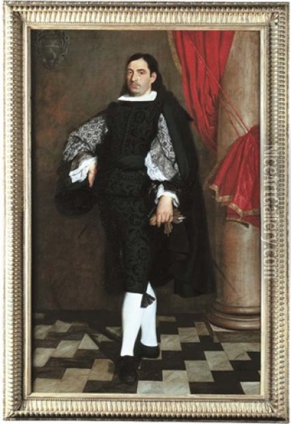 Portrait Of A Nobleman, Full-length, In A Black Doublet And Cloak, Holding Gloves (in Collab. W/studio Of Bartolome Esteban Murillo) Oil Painting - Bartolome Esteban Murillo