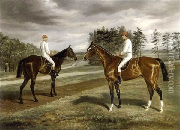 Two Horses And Jockeys On A Heath Oil Painting - Benjamin Cam Norton