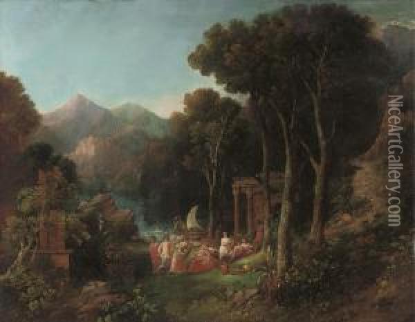 A Mountainous Wooded River Landscape With A Bacchanal Oil Painting - Charles Caryl Coleman