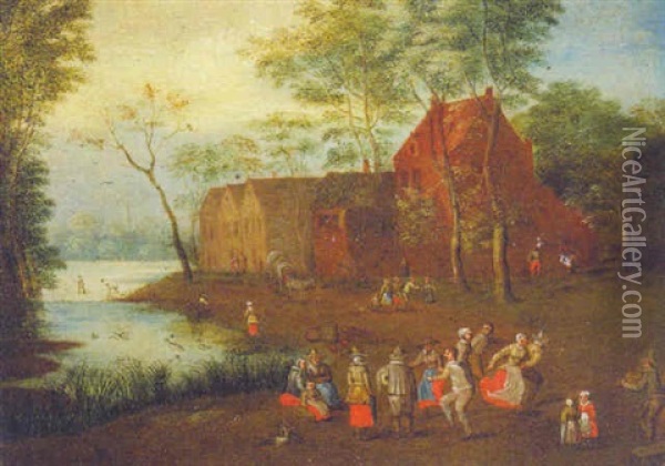 A River Landscape With Peasants Dancing Outside A Village Oil Painting - Peter Gysels