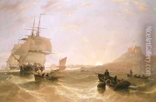 Squadron of Frigates and Fishing Vessels in a Choppy Sea off Holy Island Oil Painting - James Wilson Carmichael