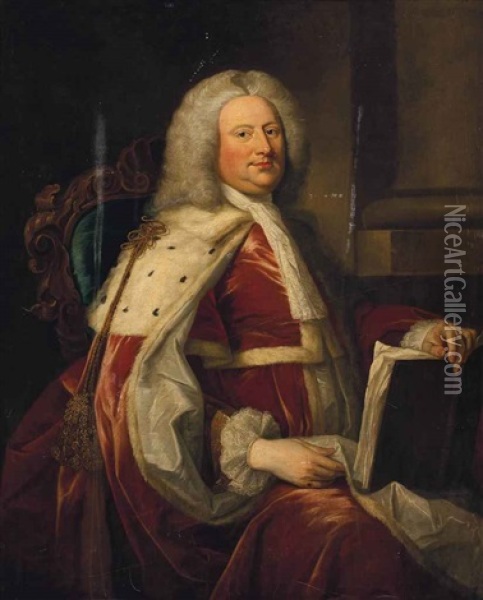 Portrait Of A Gentleman Traditionally Identified As An Ancestor Of Lord Granville, Three-quarter-length, In Coronation Robes, His Left Hand Resting Oil Painting - Thomas Hudson