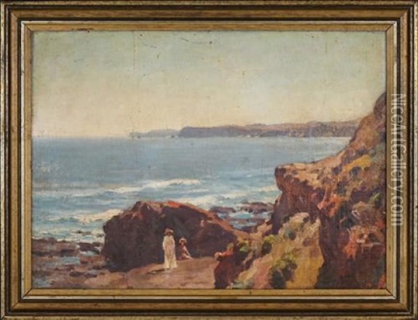 Figures On Ben Buckler Rock, Bondi Beach Oil Painting - Frederick William Leist