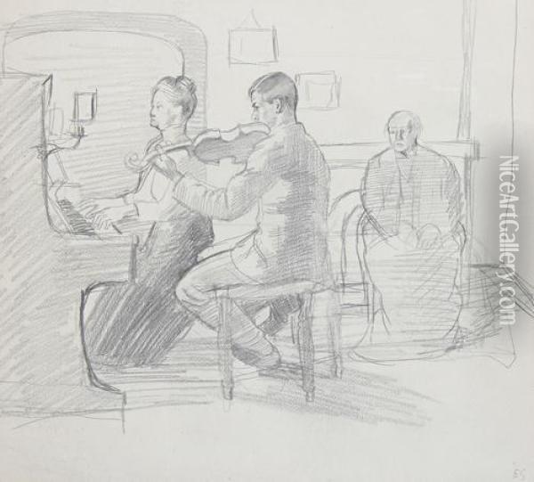 Ted At The Violin - A Study Of The Artist's Family Oil Painting - Dora Carrington