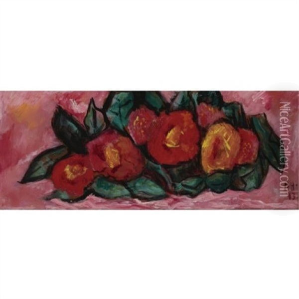 Red Flowers On Pink Ground Oil Painting - Marsden Hartley