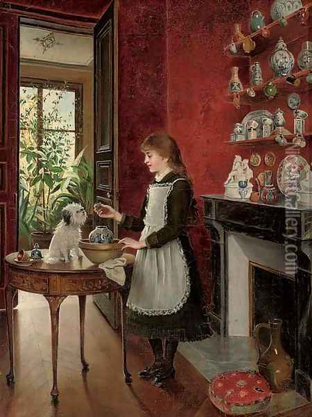 Young girl with her dog Oil Painting - Albert Roosenboom