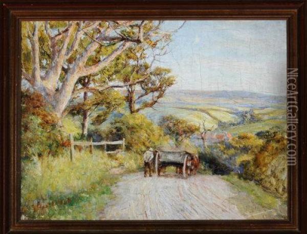 A View In The North Yorkshire Dales With A Farm Cart In The Foreground Oil Painting - Robert Jobling