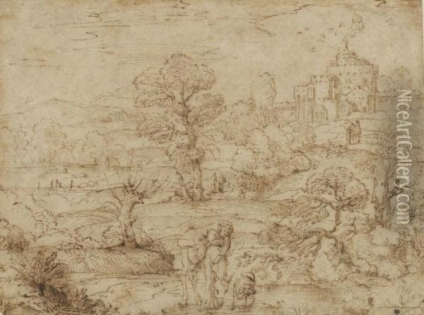 A Man And His Donkey In A Landscape Oil Painting - Annibale Carracci