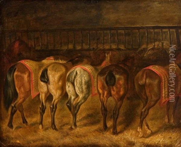 Horses In The Stable Oil Painting - Benno Raffael Adam
