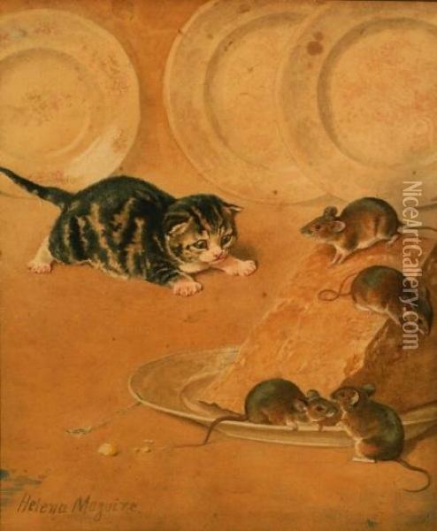 Cat And Mice Oil Painting - Helena J. Maguire