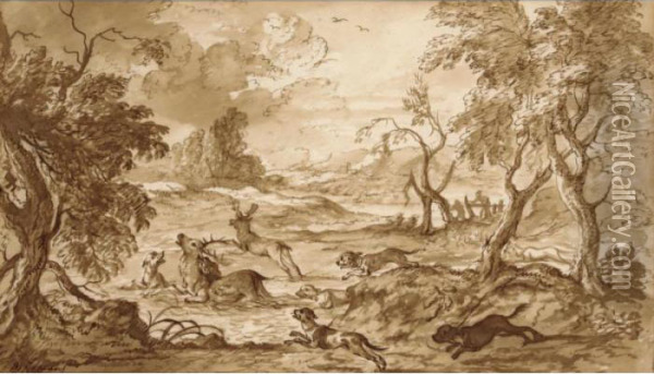 A Pack Of Dogs Chasing Two Stags Through Woodland Oil Painting - Michiel Carre