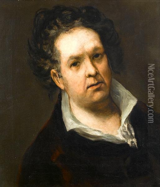 Self-portrait Of The Artist, Bust-length, In Ablack Coat With A White Chemise Oil Painting - Francisco De Goya y Lucientes
