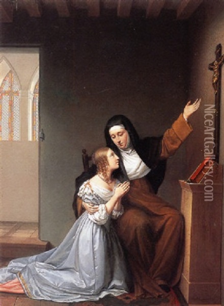 Madame De La Valliere Giving Instruction In Piety To Her Daughter Mlle. De Blois Oil Painting - Sophie Lemire