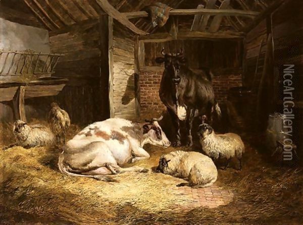 Cattle And Sheep In A Stable Oil Painting - John Frederick Herring Snr