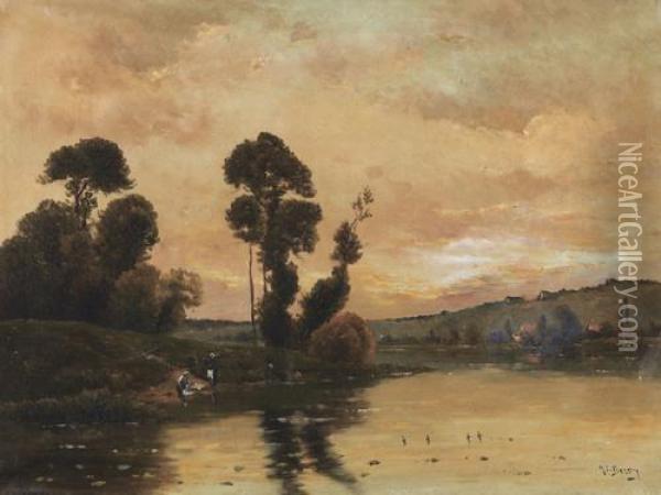 Stimmungsvolle Flussuferpartie Mit Wascherinnen Oil Painting - Hippolyte Camille Delpy