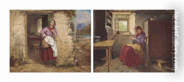 The Crofter's Wife At The Doorway; And Waiting On His Return (both Illustrated) (2 Works) Oil Painting - Haynes King