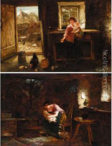 Feeding The Chickens; Warming By The Fire Oil Painting - Thomas William Earl