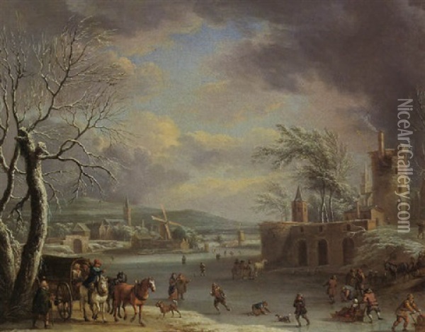 A Winter Landscape With Travellers In A Horse-drawn Carriage, Figures Skating, Village And Church Beyond Oil Painting - Dirk Dalens III