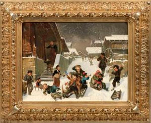 Verschneites Suddeutsches Dorf Mit Schlitten Fahrenden Kindern Oil Painting - Wilhelm Alexander Meyerheim