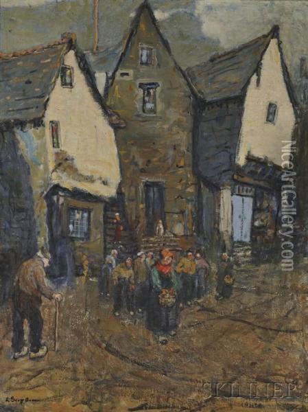 Village Scene With A Woman In A Red Scarf Oil Painting - Lucy Scott Bower