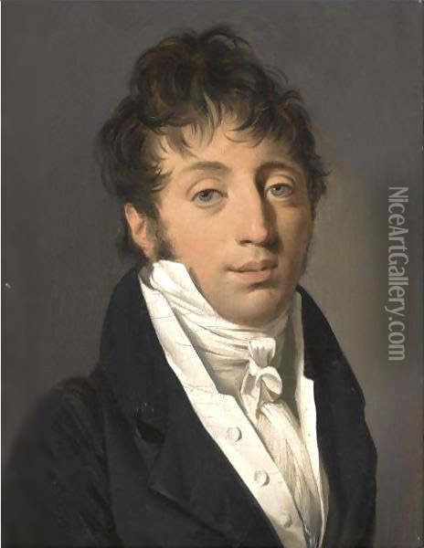 Portrait Of A Man, Half Length, Wearing A Black Jacket With A White Cravat Oil Painting - Louis Leopold Boilly