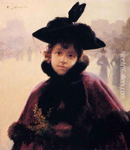 An Elegant Lady With A Paris Street Beyond Oil Painting - Jean Paul Sinibaldi