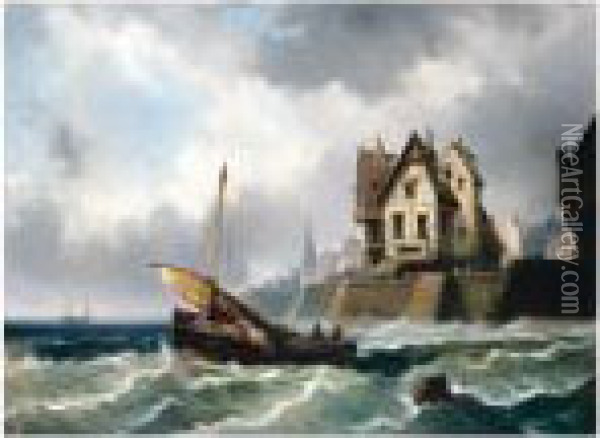 Fishing Boat Raising Sail Oil Painting - Alfred Montague