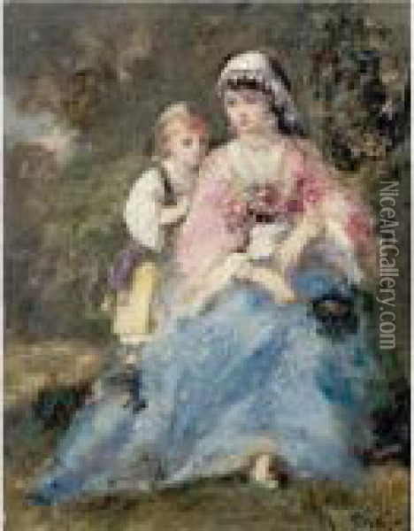 Mother And Daughter Oil Painting - Narcisse-Virgile D Az De La Pena