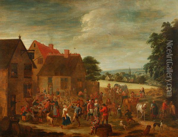 Village Scene With Peasants Merry Making Oil Painting - Joseph van Bredael