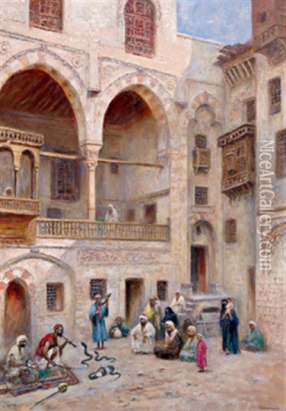 Die Schlangenbeschworer In Einem Hof In Cairo Oil Painting - Frans Wilhelm Odelmark