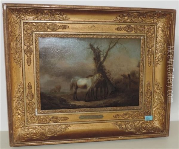 Zwei Pferde Auf Der Weide Vor Dem Stall Oil Painting - Louis-Auguste Brun