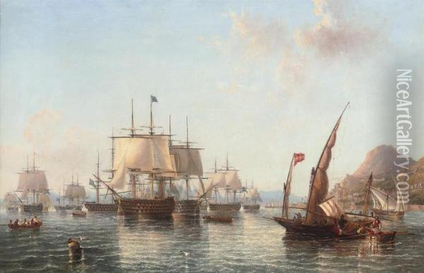 Admiral Lord Exmouth's Fleet Preparing To Leave Gibraltar Oil Painting - John Wilson Carmichael