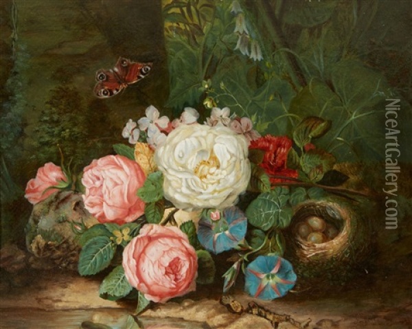 Forest Floor With Flowers, A Birds Nest And A Moth Oil Painting - Josef Lauer