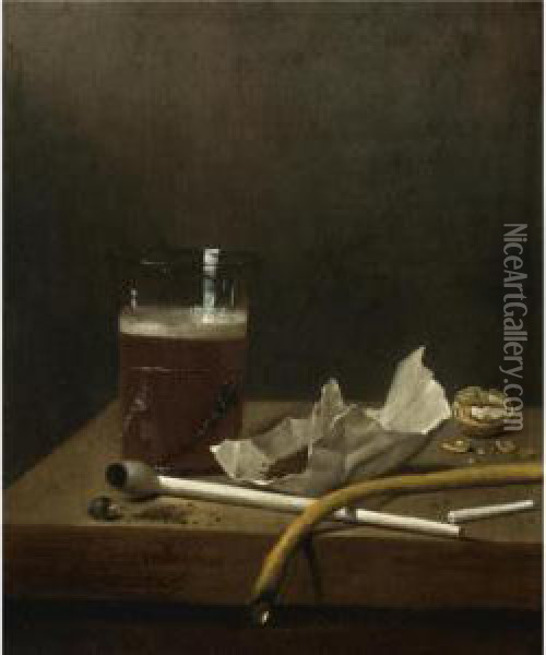 Still Life With A Glass Of Beer, A Pipe, Tobacco And Other Requisites Of Smoking Oil Painting - Jan III van de Velde