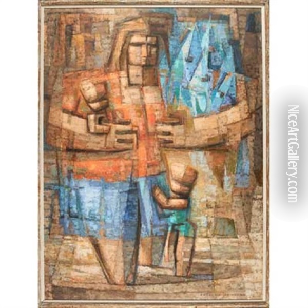 Untitled Painting (mother With Children And Fish) Oil Painting - Justus Frederic Weinberg