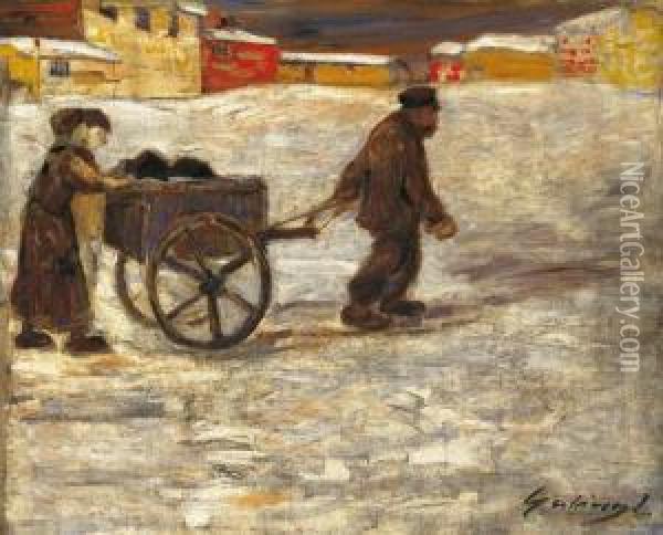 On The Road In One-day Snow, About 1910 Oil Painting - Lajos Gulacsy