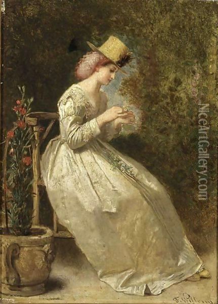 A Seated Lady In A Flower Garden, Wearing A White Satin Dress Oil Painting - Florent Willems