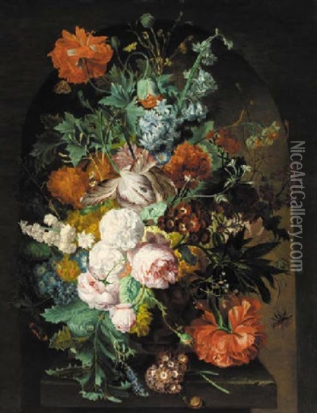 Parrot Tulips, Roses, Poppies, Carnations, Morning Glory, Chrysanthemums In An Urn On A Stone Ledge Oil Painting - Jan Van Huysum