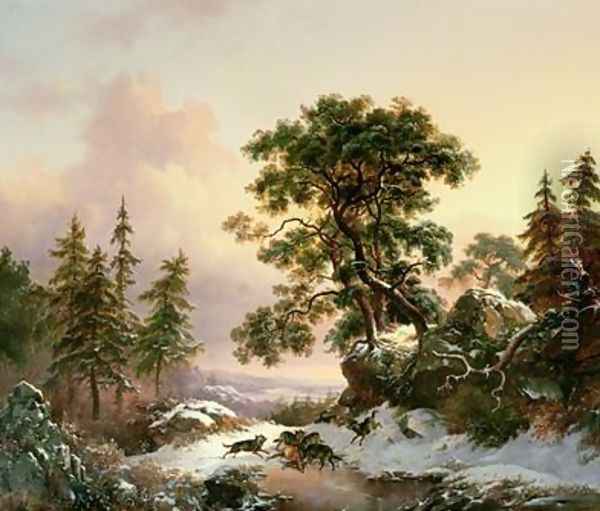 Wolves in a Winter Landscape Oil Painting - Frederick Marianus Kruseman