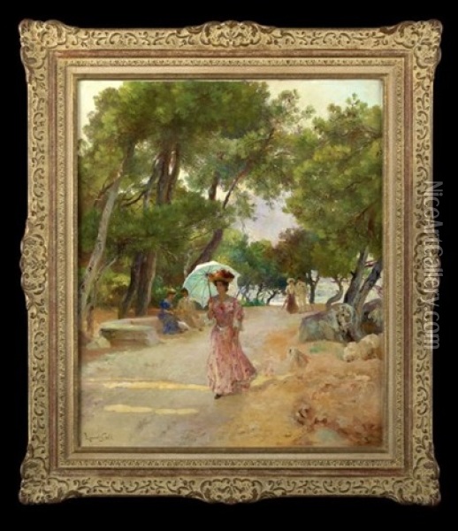 Fashionable Lady With Parasol Walking On A Coastal Lane Oil Painting - Lucien Laurent-Gsell