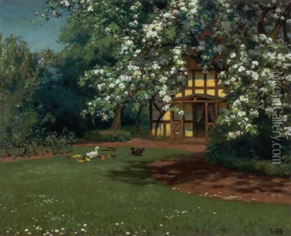 Haveparti Med Aender Under Blomstrende Traeer Oil Painting - Hans Andersen Brendekilde