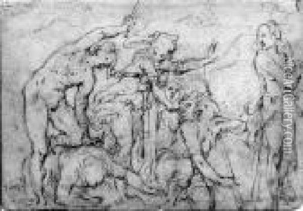 A Group Of Figures Fighting 
(recto); A Study After Michelangelo(verso): A Page From An Album Oil Painting - Giovan Battista Naldini