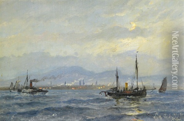 Fartyg Pa Redden, I Bakgrunden Staden Leith, Edinburgh Oil Painting - Holger Henrik Herholdt Drachmann