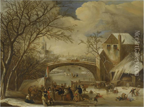 A Winter Scene With Villagers Skating And Conversing On A Frozencanal Outside A Village Oil Painting - Abraham de Vries