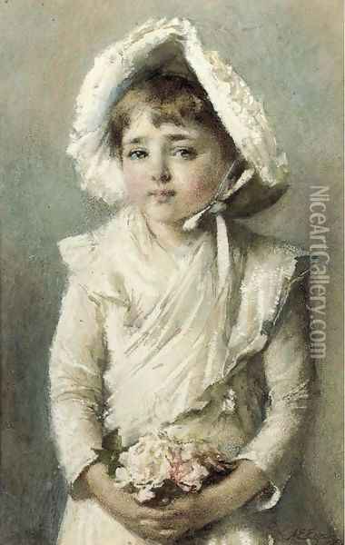 Portrait of a young girl with a bonnet holding a small bouquet Oil Painting - Alfred Edward Emslie