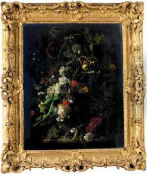 Flowers In A Vase With Bird's Nest On A Marble Pedestal Oil Painting - Arthur Chaplin